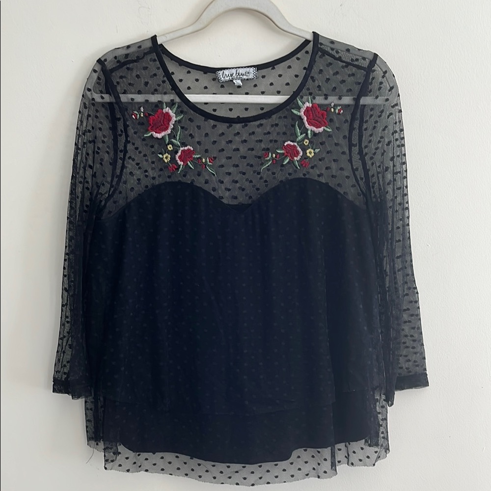 Almost Famous Embroidered Sheer French Dot Top‎ Gothic Floral L Black Tumblr